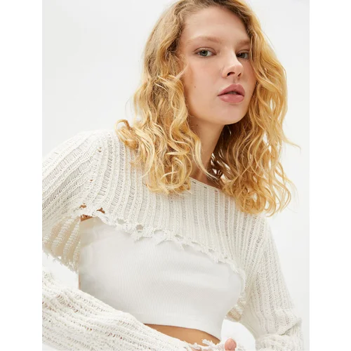 Koton Frayed Openwork Crop Sweater Long Sleeve Round Neck