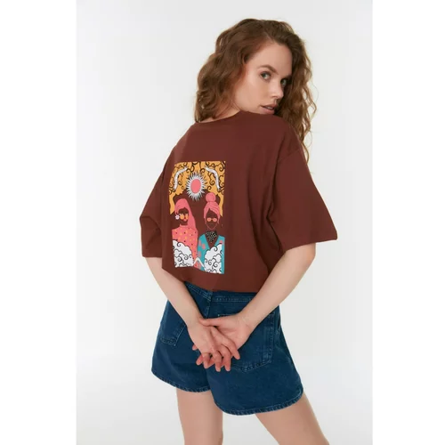 Trendyol Dark Brown Printed Oversized Knitted T-Shirt