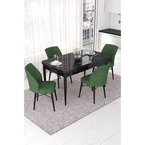 Hanah home trpezarijski set Nef, sto na razvlačenje i 4 stolice, ploča u dekoru crnog mermera, kaki zelena tkanina Jerry Cene