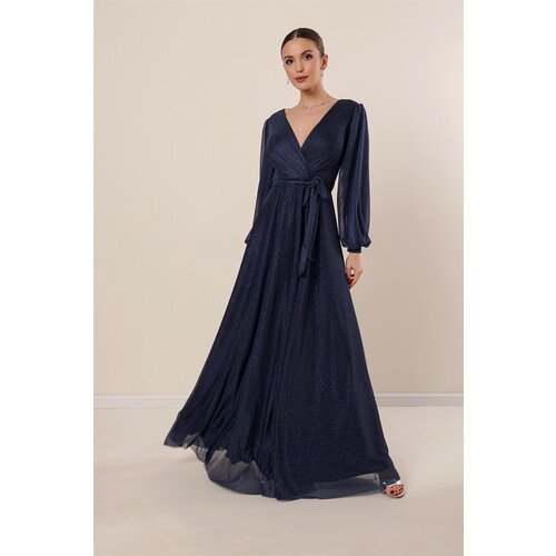 By Saygı Double-breasted Collar, Lined Waist, Glittery Long Dress, Navy Blue. Slike