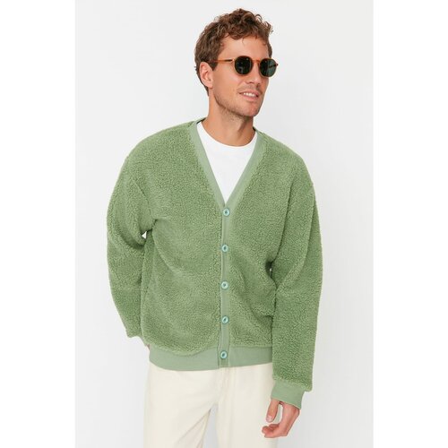 Trendyol Green Men's Relaxed Fit V-Neck Buttoned Plush Thick Cardigan Slike