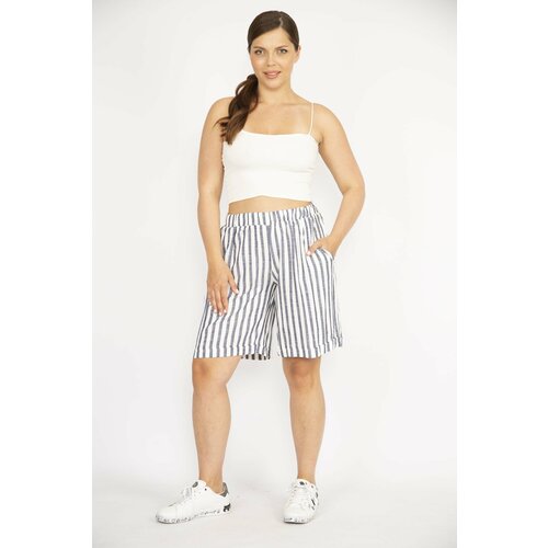Şans Women's Indigo Large Size Striped Linen Woven Fabric Shorts with Elastic Waist Pockets Slike