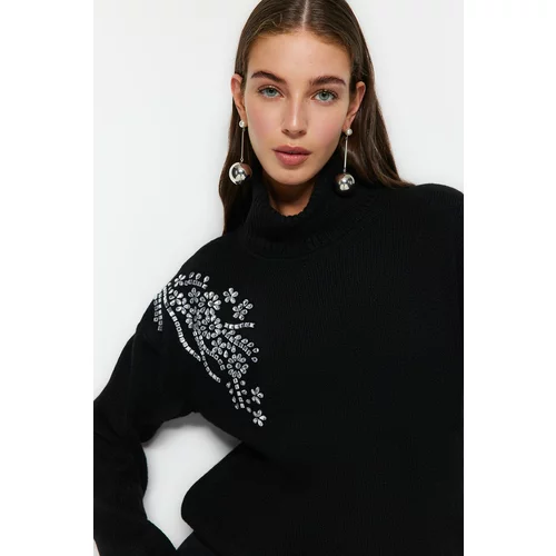 Trendyol Black Soft Textured Stone Detailed Turtleneck Knitwear Sweater