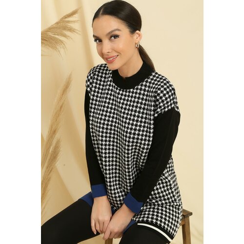By Saygı Houndstooth Patterned Striped Sleeves and Hem Comfort Fit Knitwear Tunic Slike