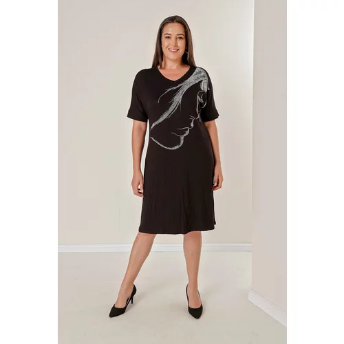 By Saygı Face Patterned Plus Size Viscose Dress with Stones Printed on the Front