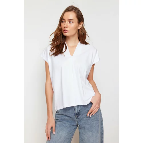 Trendyol White 100% Cotton V-neck Moon Sleeve Knitted T-Shirt