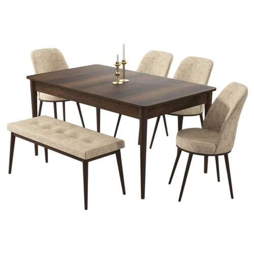 Hanah home trpezarijski set Pir, sto, 4 stolice i klupa, ploča u dekoru drveta Baroque, krem tkanina Babyface Cene