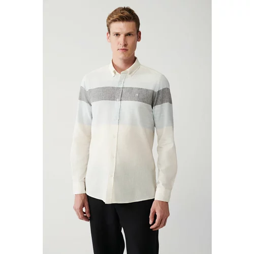 Avva Men's White Cotton Linen Blended Buttoned Collar Striped Slim Fit Slim Fit Shirt