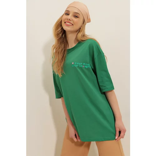 Trend Alaçatı Stili T-Shirt - Green - Oversize