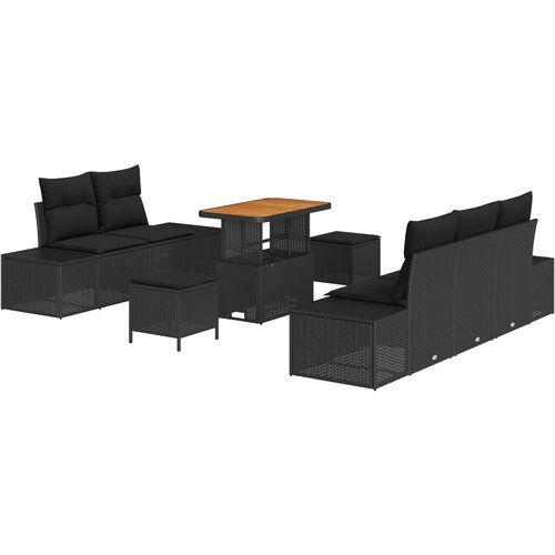 VidaXL set vrtne sofe od 8 dijelova s jastučićima crna poli ratan akacija, dvosed vrtna sofa s pohranom i jastučićima crna poli ratan, 3-dijelni set vrtne blagovaonice s jastučićima crna poli ratan akacija Slike