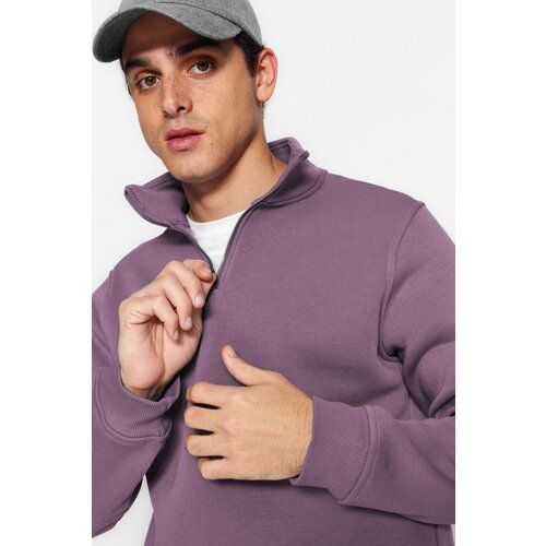 Trendyol Purple Regular/Normal Cut Stand Collar Zippered Cotton Basic Sweatshirt Slike