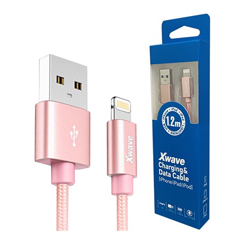 X Wave USB-A na Lightning kabl 1,2 m, 3 A, roze zlatni mesh Slike