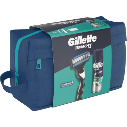 Gillette Mach3 Set brivnik 1 kos + nadomestne britvice 1 kos + gel za britje Series Soothing With Aloe Vera Sensitive Shave Gel 200 ml + kozmetična torbica za moške
