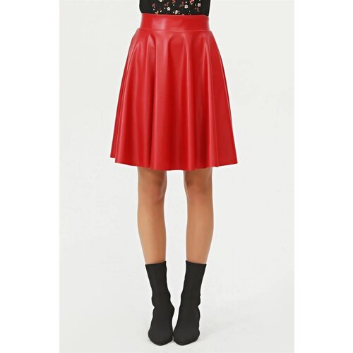 Dewberry 88854 Flared Faux Leather Skirt-RED Slike