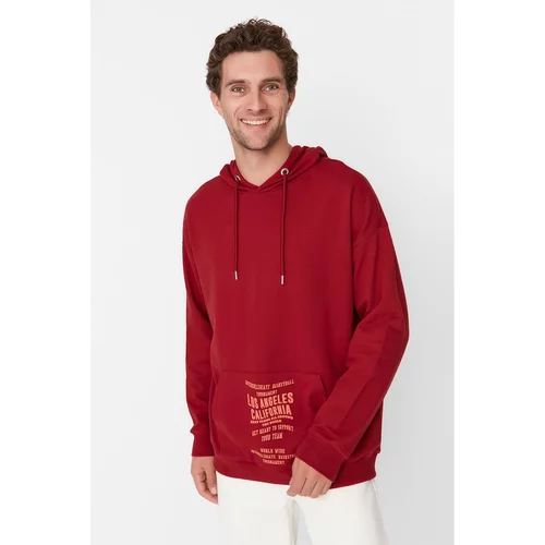 Trendyol Claret Red Men's Oversize Fit Hoodie Printed Sweatshirt