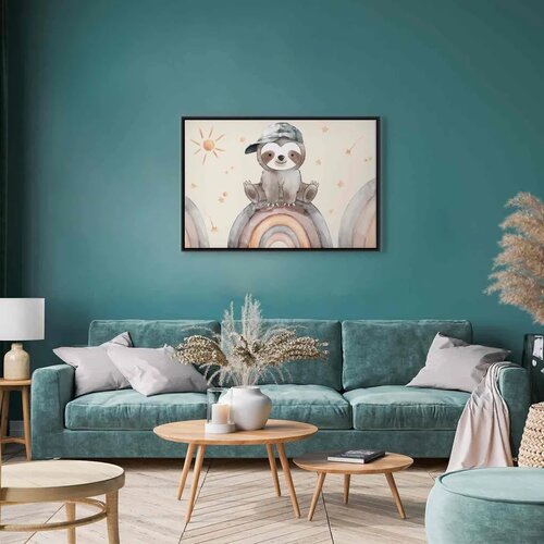  Slika - Happy Sloth - Sloth in Subdued Colors Wearing a Cap Sitting on a Rainbow Among Little Stars 60x40 U crnom drvenom okviru Cene