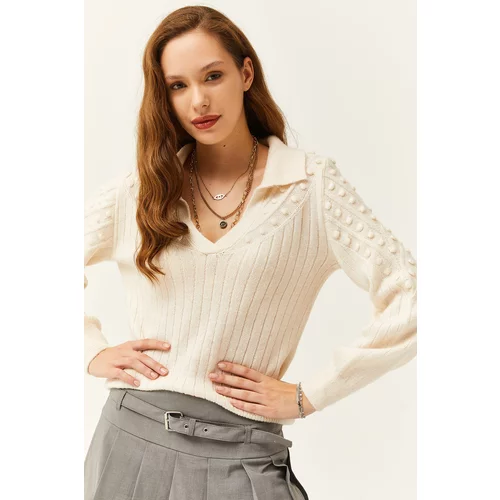 Olalook Women's White Polo Neck Little Pompom Soft Textured Knitwear Sweater