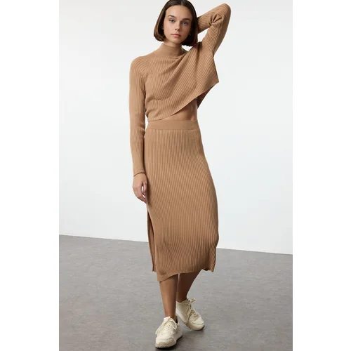 Trendyol Camel Crop Basic Skirted Knitwear Bottom-Top Set