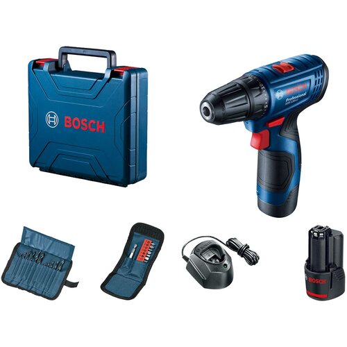 Bosch Aku bušilica odvrtač GSR 120-Li 2x2,0Ah + 23-delni set bitova za bušenje i uvrtanje sa držačem u koferu Cene