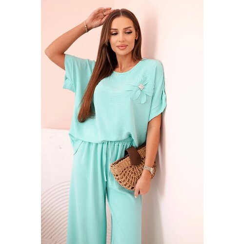 Kesi Włoski Women's viscose set with decorative flower and wide trousers - mint Cijene
