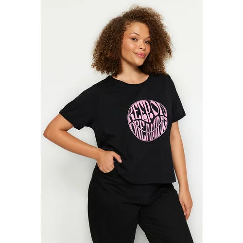 Trendyol Curve Black Motto Printed Crop T-shirt