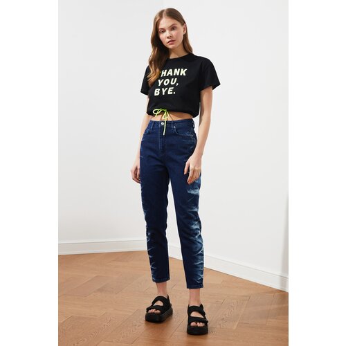 Trendyol High Waist Mom Jeans WITH Navy Blue Batik Wash Effect Slike