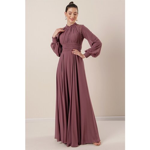 By Saygı Stone Embroidered Pleated Long Chiffon Dress Wide Size Range In Mint. Cene