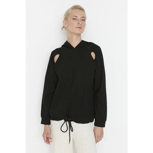 Trendyol Black Hooded Waist and Cut Out Detailed Knitted Sweatshirt