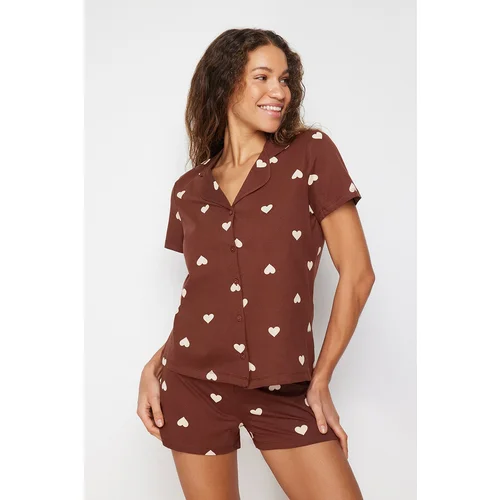 Trendyol Brown 100% Cotton Heart Patterned Shirt-Shorts Knitted Pajama Set