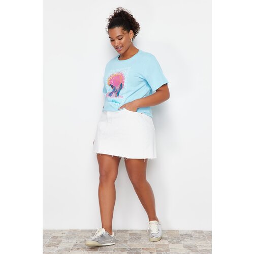 Trendyol Curve Light Blue 100% Cotton Printed Relaxed/Wide Comfort Fit Crew Neck Knitted T-Shirt Slike