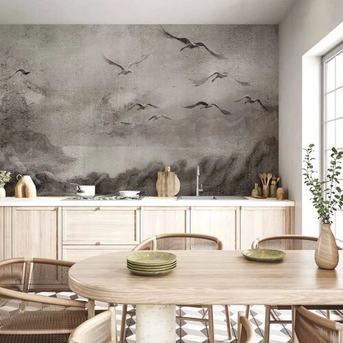  Foto tapeta - Swan flight - abstract landscape of birds over a lake with texture 200x140 Vodootporna Cene