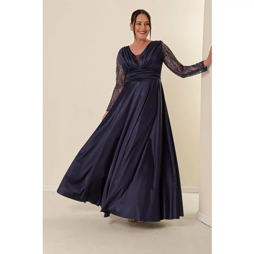 By Saygı Navy Blue Sleeves Tulle Silvery Detailed Front Pleated Plus Size Long Satin Evening Dress