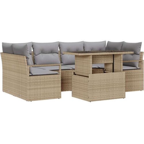  Vrtni Sofa Set od 7 dijelova s jastucima Bež Poli Ratan Sofa za dvoje s jastucima Bež Poli Ratan Cene