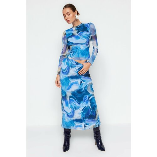 Trendyol Blue Patterned Tulle Lined A-Line/Awning Formal Midi Knit Skirt Slike