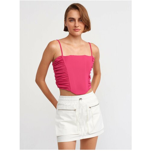 Dilvin 20129 Gathered Detailed Strappy Crop Top-Fuchsia Cene