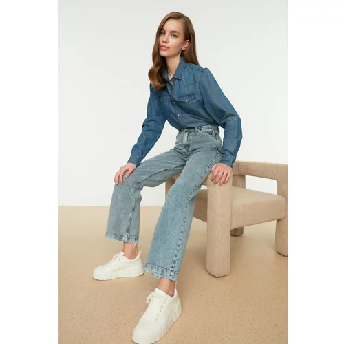 Trendyol Blue 100% Cotton High Waist Worn Leg Detailed Jeans