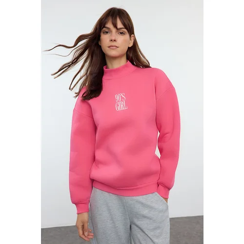 Trendyol Fuchsia Thick Inside Polar Slogan Embroidered Stand Collar Regular/Normal Cut Knitted Sweatshirt