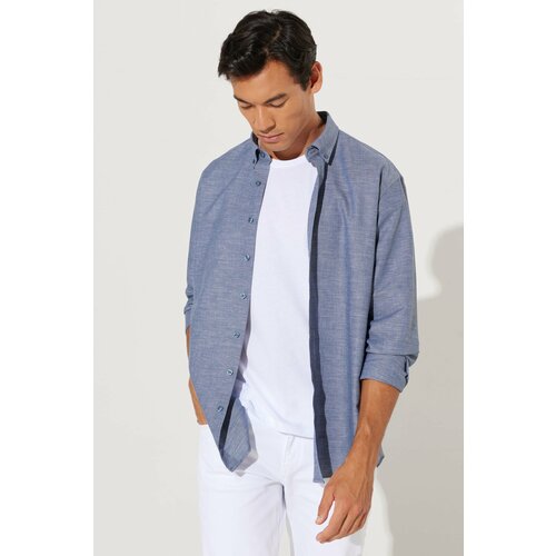 AC&Co / Altınyıldız Classics Men's Navy Blue Comfort Ft Comfy Cut Buttoned Collar Cotton Dobby Linen Shirt. Slike