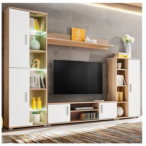  Stenska enota za TV z LED osvetlitvijo sonoma hrast in bela