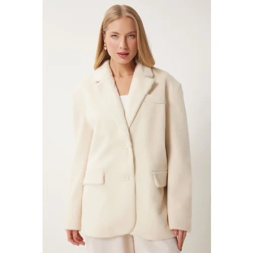 Happiness İstanbul Women's Ecru Double Breasted Faux Fur Jacket