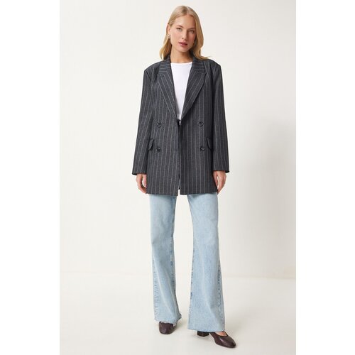 Happiness İstanbul Women's Anthracite Double Breasted Striped Woven Jacket Slike