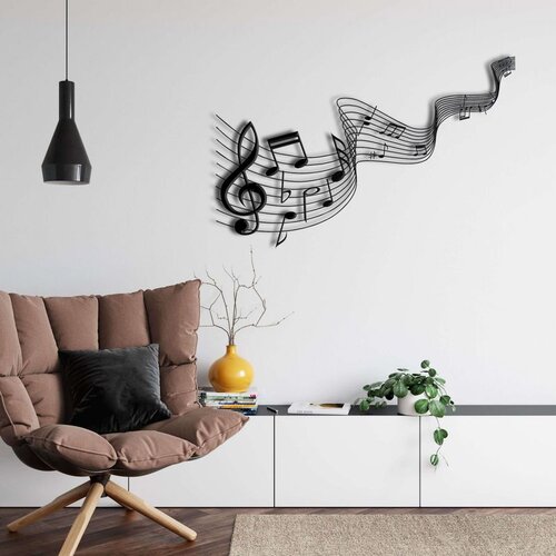 Wallxpert metalni zidni ukras 5381, violinski ključ i note na talasastim notnim linijama, 75 x 32 cm, crni Cene