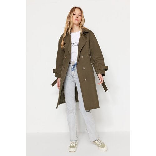 Trendyol Khaki Belted Button Closure Long Trench Coat With Water Repellent Feature Cene