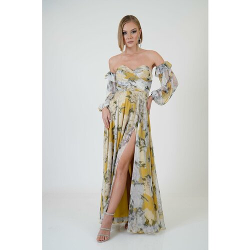 Carmen Yellow Strapless Slit Printed Evening Dress Slike
