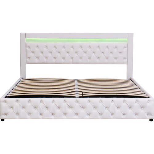 Lumor Oblazinjena postelja s predalom iz umetnega usnja z LED – 180x200 cm – z letveno podlago – bela, (22151067) Cene