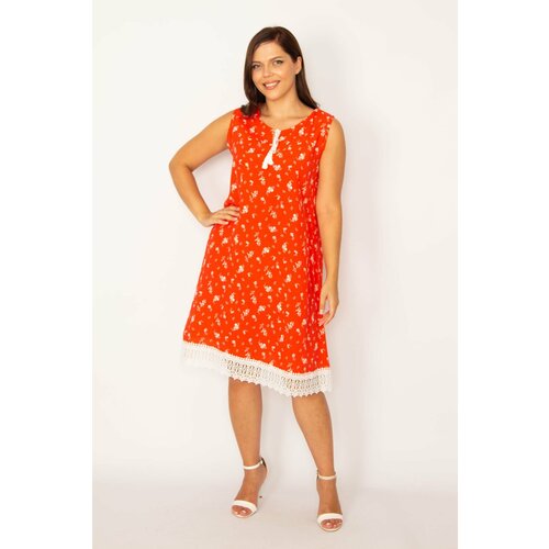 Şans Women's Plus Size Pomegranate Skirt Lace Detailed Dress Slike
