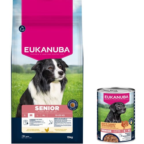  15 kg Eukanuba suha hrana + 3 x 400 g odgovarajuće mokre hrane gratis! -  Senior Medium Breed Cijene
