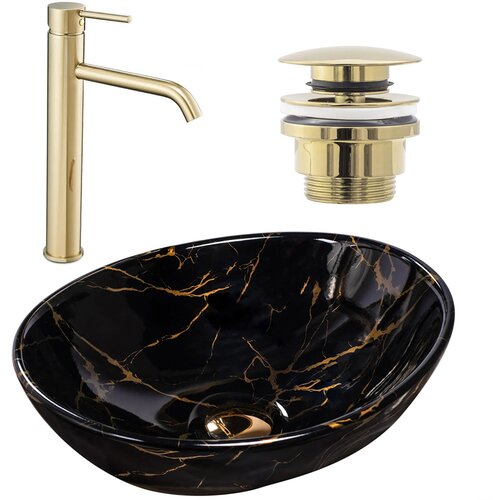 Rea Sofia crni mramorni set + visoka miješalica Lungo zlatna + čep univerzalni zlatna Cijene