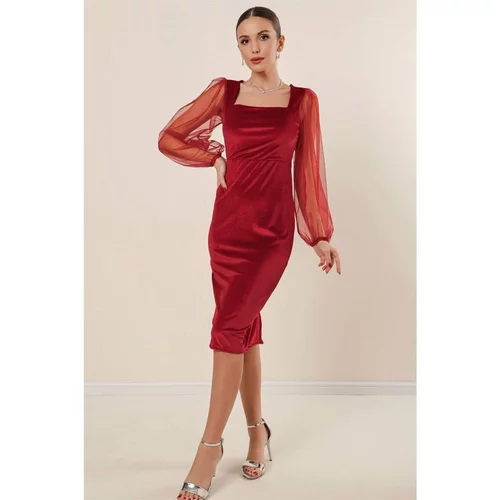 By Saygı Red Velvet Dress with Tulle Sleeves