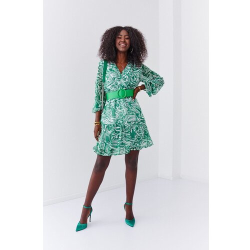 Fasardi Green chiffon dress with a wide belt Slike